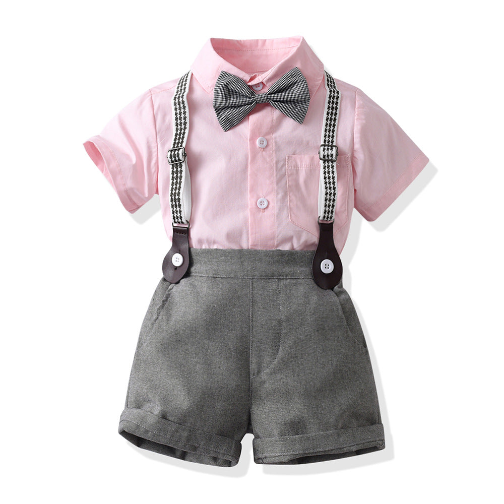 New children's clothing wholesale: boys' pink short-sleeve shirt & overalls set - perfect for children's day, birthdays, performances, and special occasions