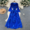 Korean style ruffle trim pleated bow dress - women's long sleeve tie-waist design a-line dress - rose red