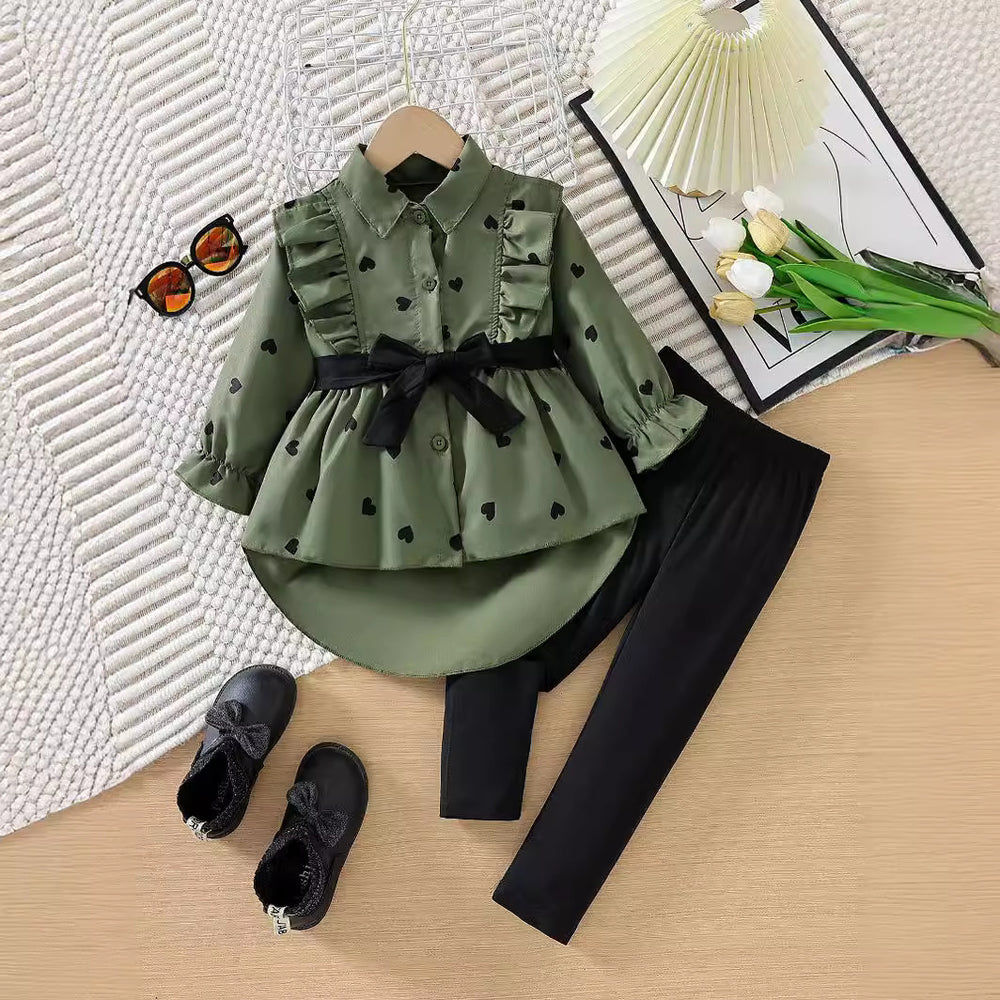 children's wear cross-border autumn new arrivals: girls' fashionable longline shirt dress with belt and leggings set