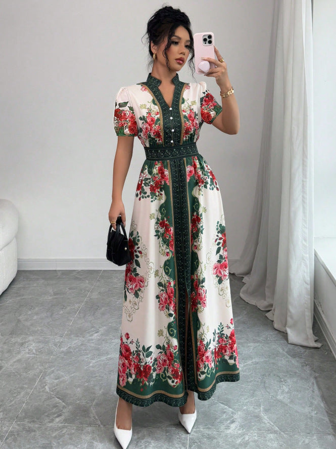 Vintage court style v-neck lantern sleeve printed dress - women's early spring korean style long sleeve cinched waist slimming a-line maxi dress