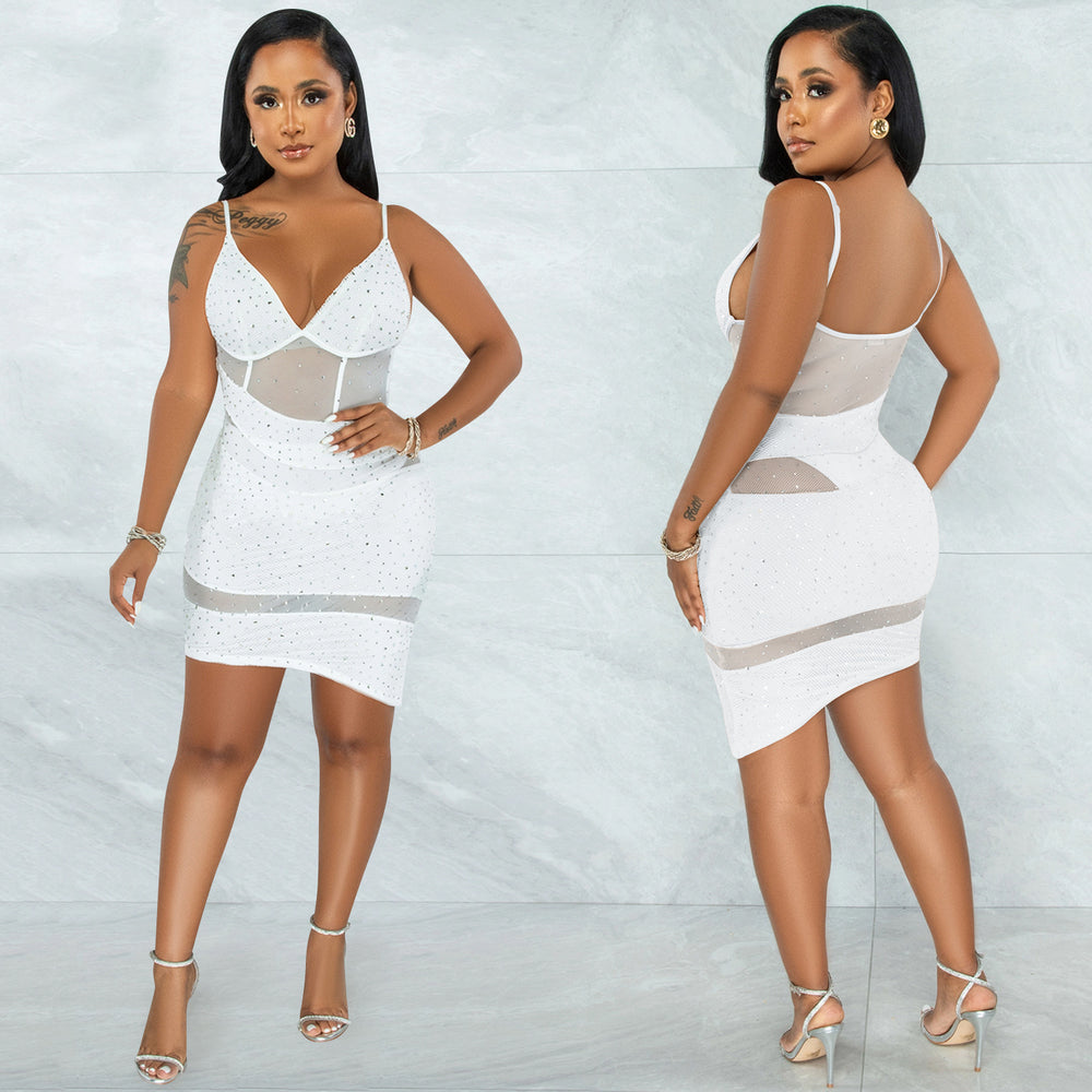 X5575 cross-border fashion women's sexy v-neck mesh see-through nightclub rhinestone strappy irregular dress