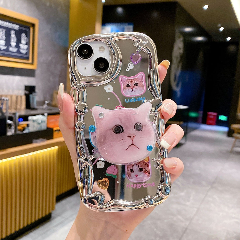 Three-dimensional wave electroplating suitable for apple 16pro cute cat mobile phone case iphonexr mirror flash diamond soft case
