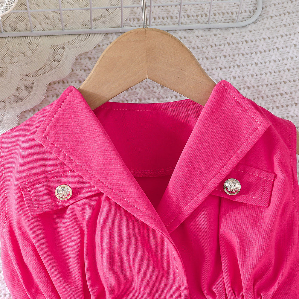 new girls' solid color cropped vest set: collared vest + high-waisted wide-leg pants