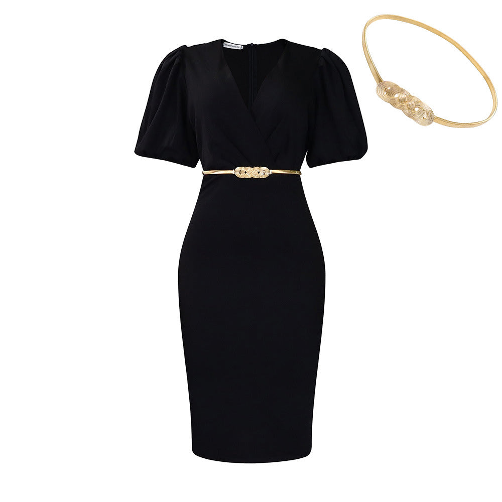 D411export women's summer new style puff sleeves v neck hip-covering professional ol elegant african fashion dress