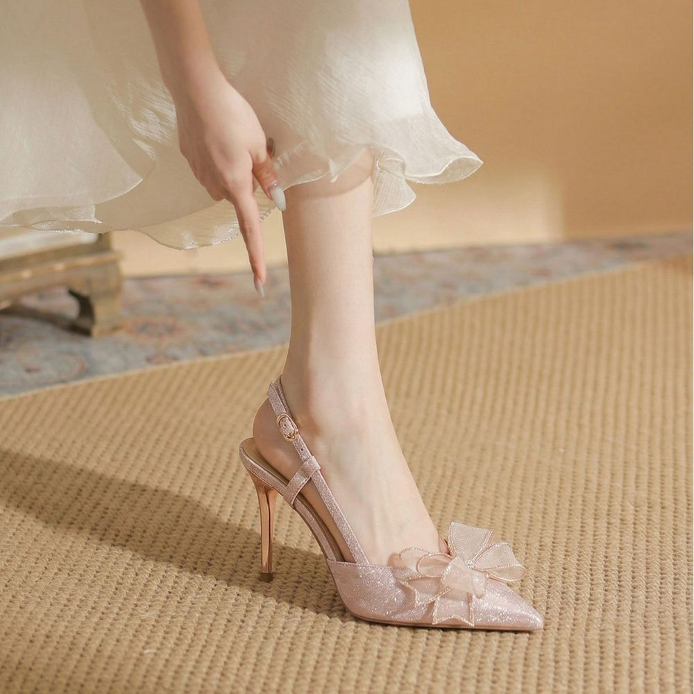 2026 new pointed-toe glitter backless crystal bow buckle stiletto heels - sexy high heels
