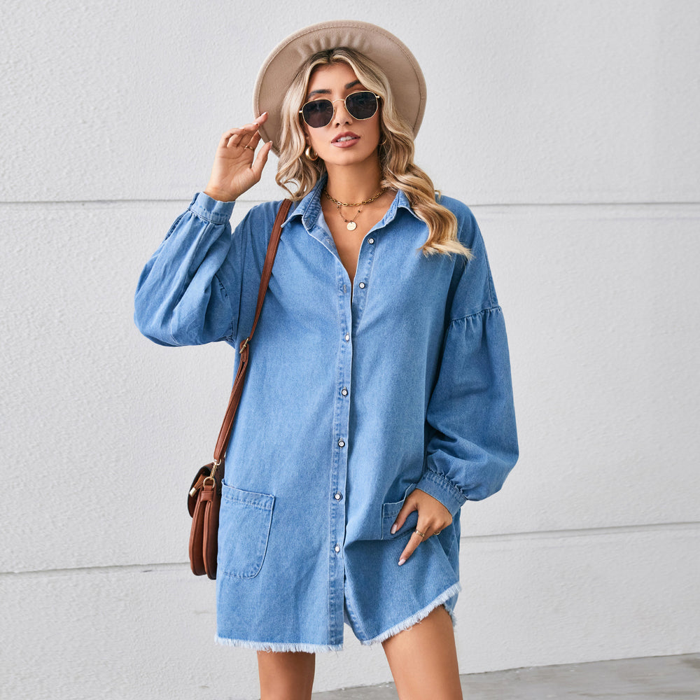 Wishfashion cross-border foreign trade independent station  new loose denim long-sleeved raw edge dress mid-length skirt