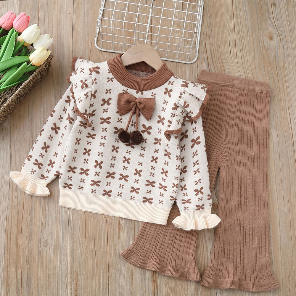 Girls' knitted sweater two-piece set -  autumn/winter new collection - bowknot detail, crew neck cardigan & knit sweater set for little girls