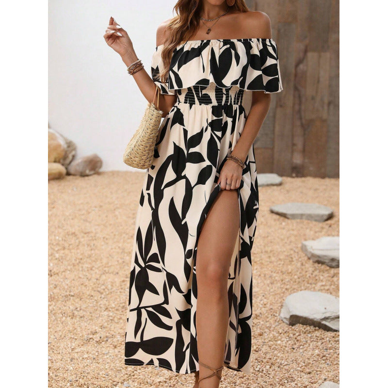 Women's one-shoulder, cinched-waist, slit maxi dress – perfect for work, vacation, and casual wear. summer fashion essential