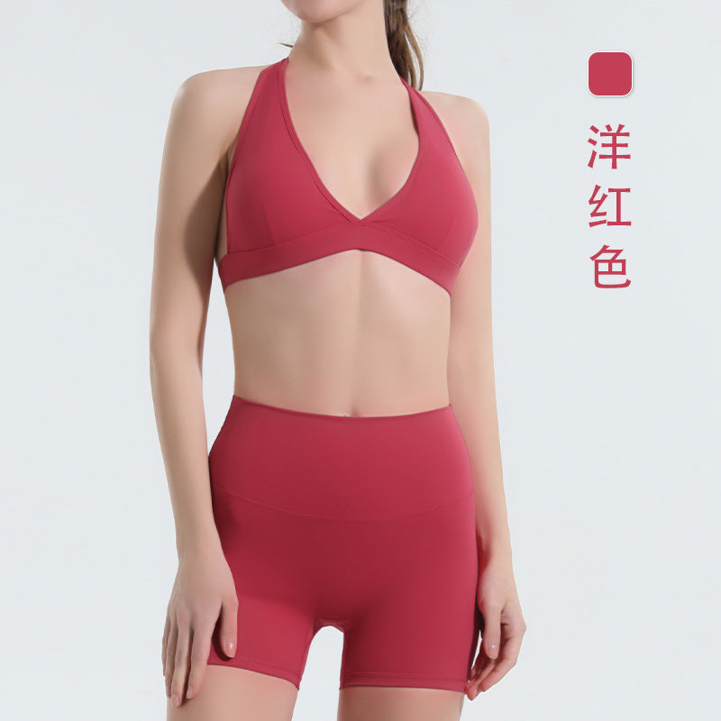 European and american halter sports bra and high-waisted tummy control butt-lifting leggings set - quick-dry summer yoga outfit with padded bra - wholesale