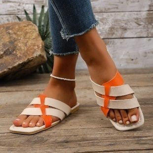 Exportplus size color matching outwear beach sandals women's summernew arrival square toe cross strap cut out flip flops