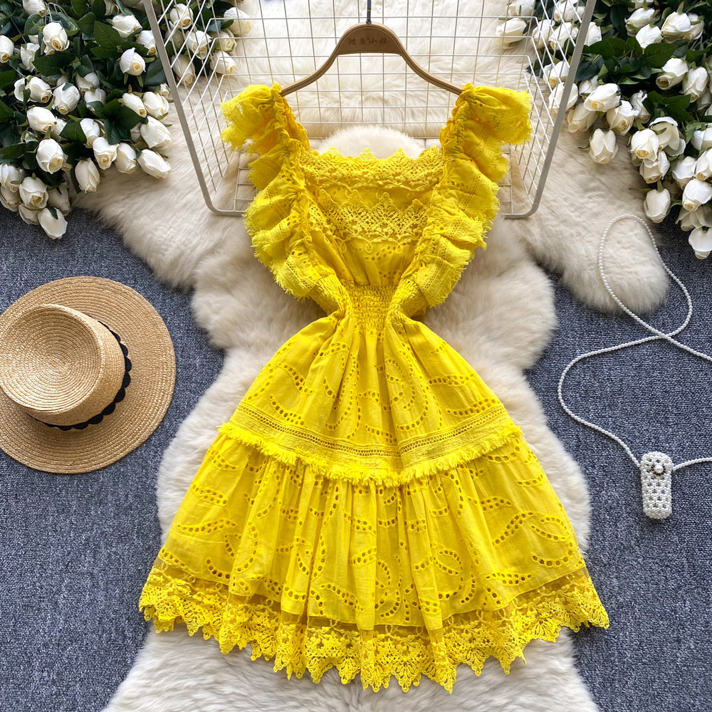 Gentle style elegantdress women's summer french heavy industry laceembroider waist slimming look small flying sleeve dress