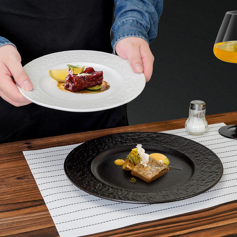 European-style embossed ceramic dinner plate - restaurant & hotel high-end rock texture steak flat plate - minimalist dessert presentation