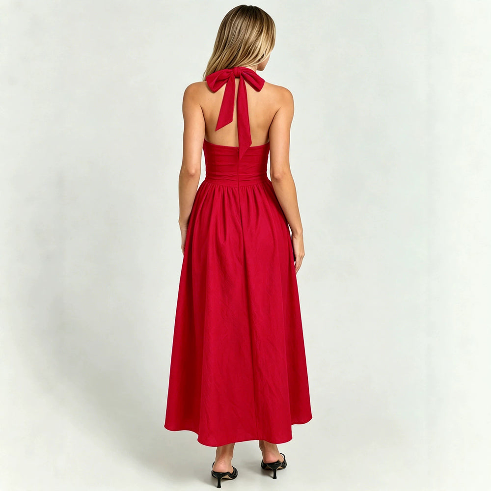 Frenchretrohaltertie backdress women's backless waist large slit red atmosphere vacation mid length skirt