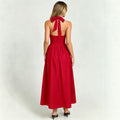 Frenchretrohaltertie backdress women's backless waist large slit red atmosphere vacation mid length skirt