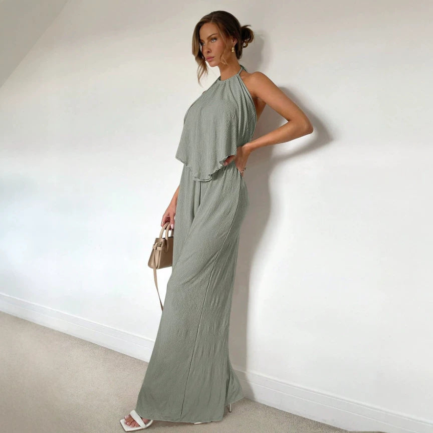 Amazon fashion cross-border women's textured wrinkled halter suit back straps backless high waistloose pants