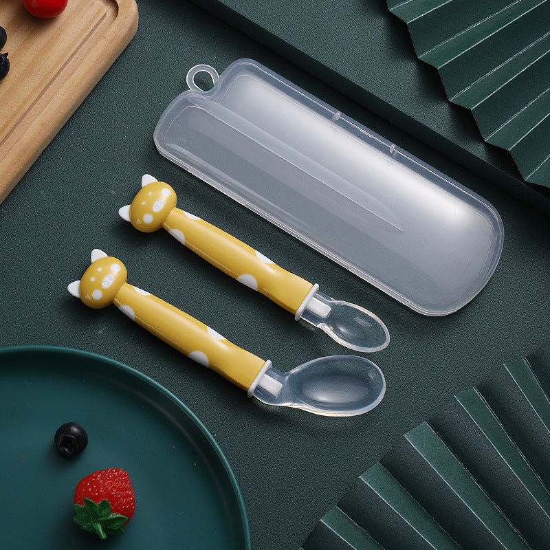 Baby cartoon spoon set, silicone soft head spoon, elbow spoon combination, baby silicone tableware pp box.
