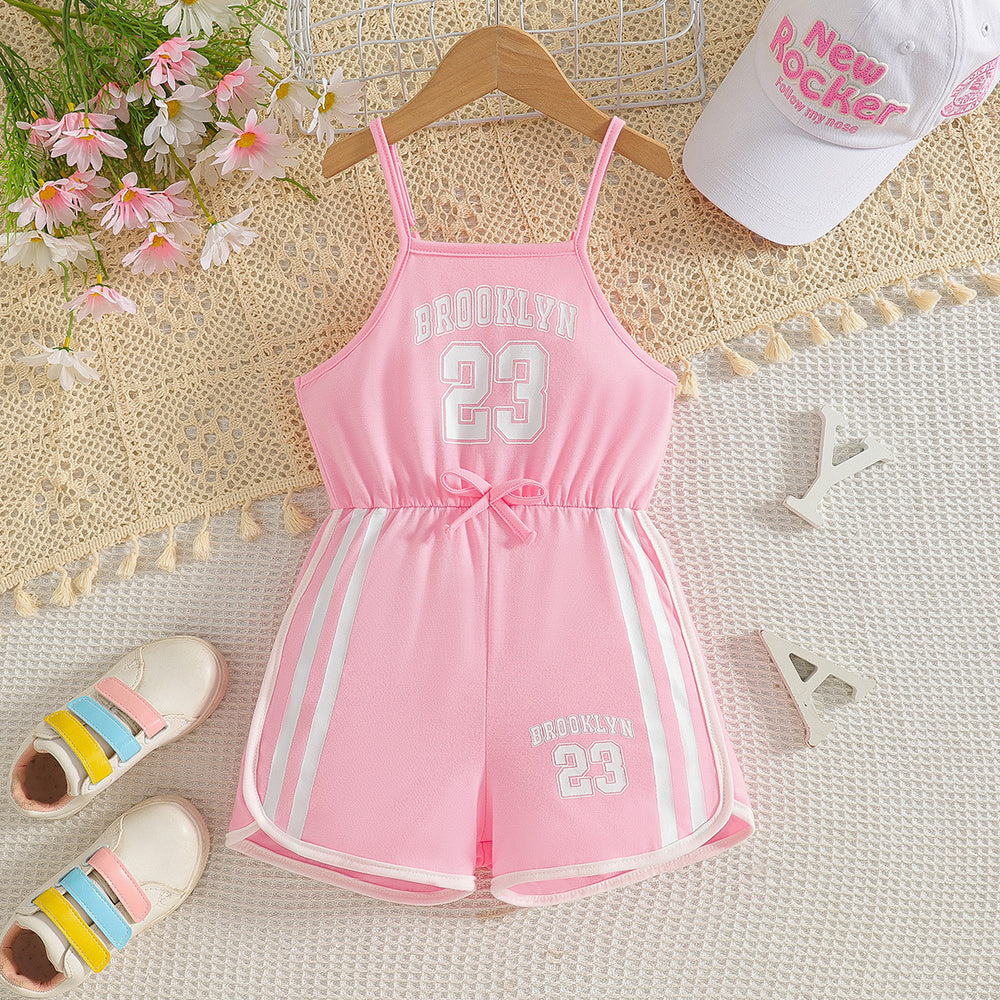Girls' summer cami set: pink shorts romper with letter print and bow detail - sporty style for kids