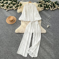 Elegant two-piece set for women, autumn : french court style lace patchwork lantern sleeve blouse with high-waisted wide-leg pants