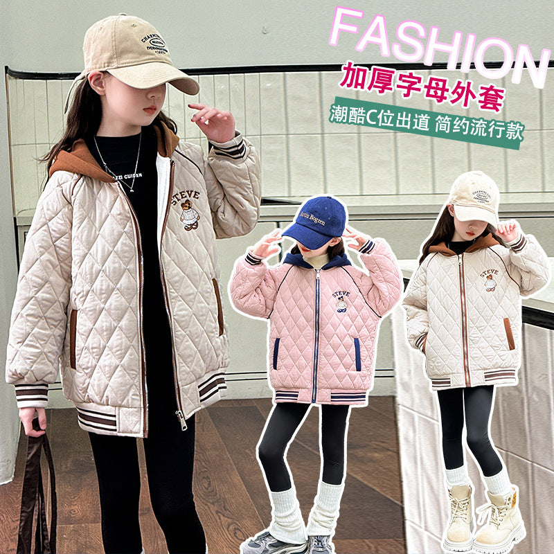 Girls' cotton-padded jacket, new  collection, autumn/winter outerwear for mid-to-large children, fleece-lined and extra thick, stylish and trendy, warm top for girls