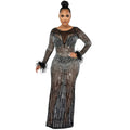 X5605   fashion nightclub party rhinestone women's mesh see-through long sleeve maxi dress