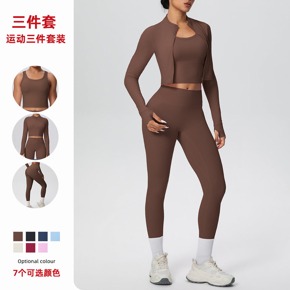 pure color brushed tight high-elastic breathable vest long three-piece set sports running fitness yoga suit
