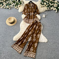 Commuting style printing lapel casualtwo-piece set women's summerretrolong sleeves waist slimming lookeasiest for matchelegantsuit