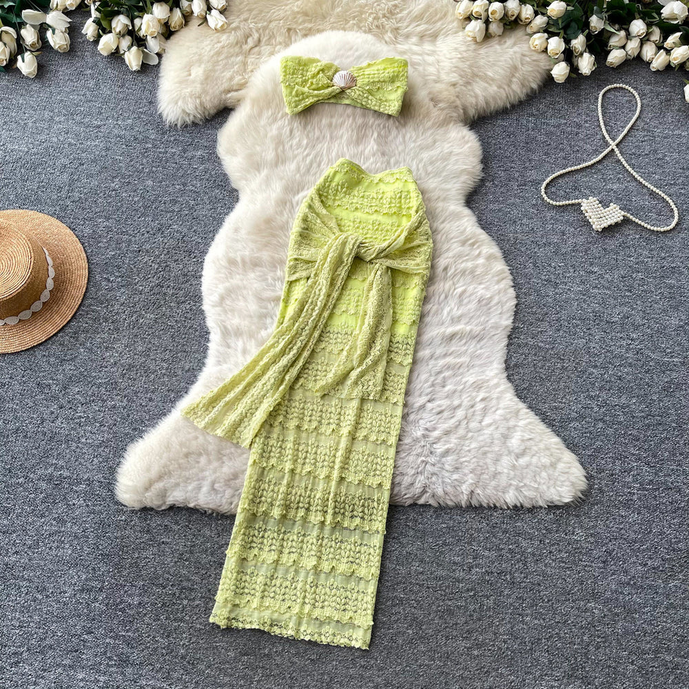 Vacation style lace pure lust style hot girl style two-piece set women's summer silmslimming lookbows strappy suit skirt