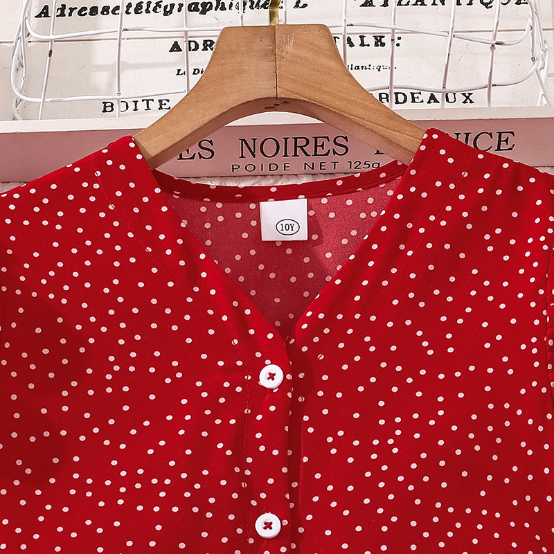 girls' spring/summer new arrivals: -style, elegant, casual polka dot print, flutter sleeve, cinched waist dress