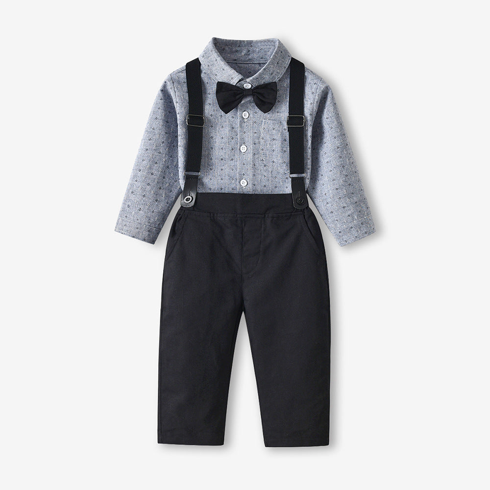 New spring korean style children's outfit: jacquard long-sleeve shirt and suspender pants set - perfect for baby's first birthday celebration