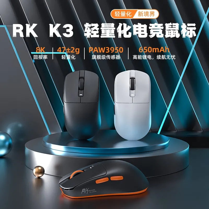 Rk k3 gaming mouse - wireless bluetooth tri-mode wired lightweight paw3950 flagship sensor with dual 8k polling rate