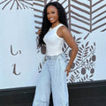 Fashionjeans women's high waiststripes washed cuffed wide-leg cropped denim women's pants cross-border loosecasual pants