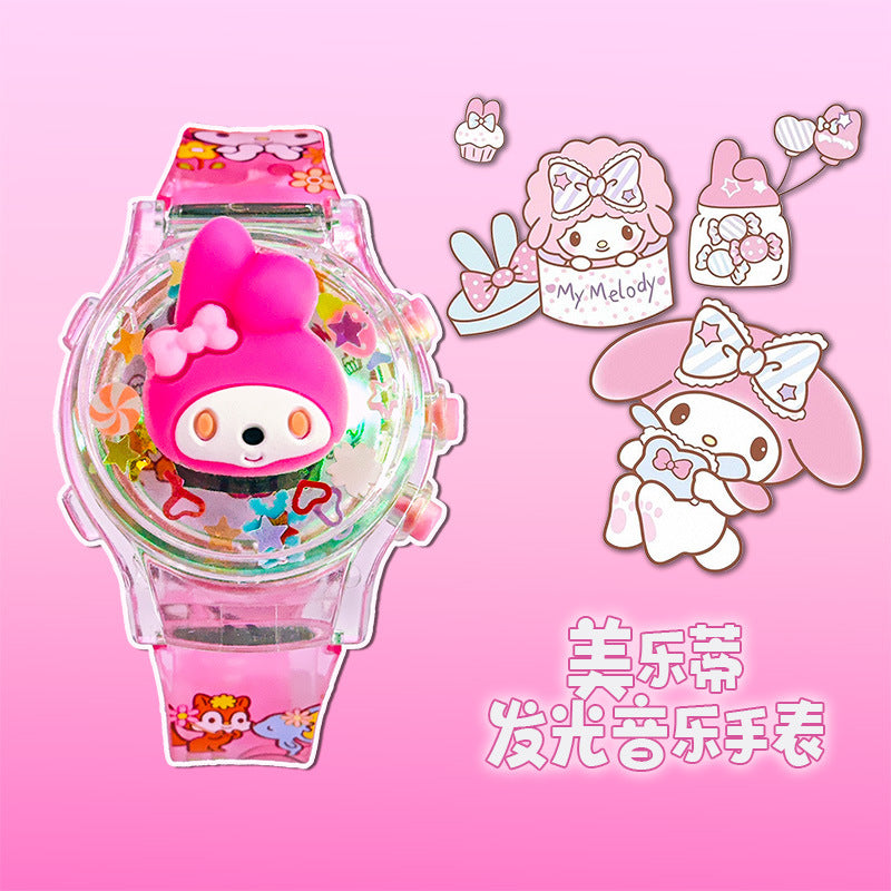 Kids' gift girls' electronic watch - stellalou, kuromi, hello kitty glitter luminous music flip cover rotating watch