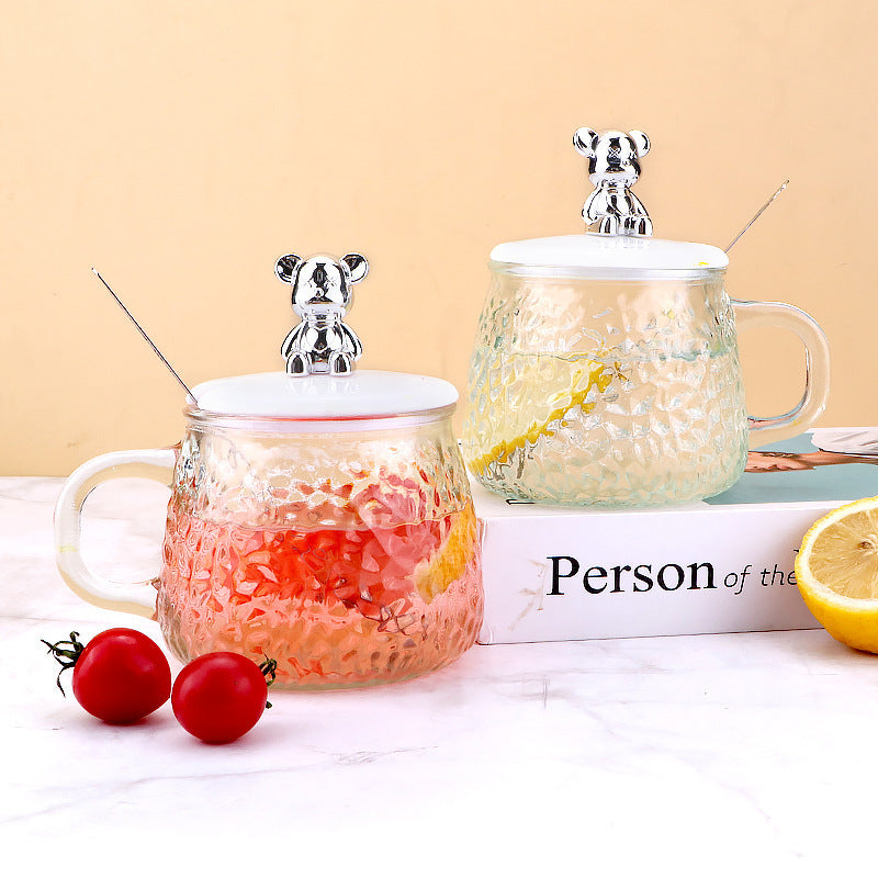 Dropshipping & free shipping: trendy bear glass cup with lid and handle - instagrammable, high-style, cute home water cup