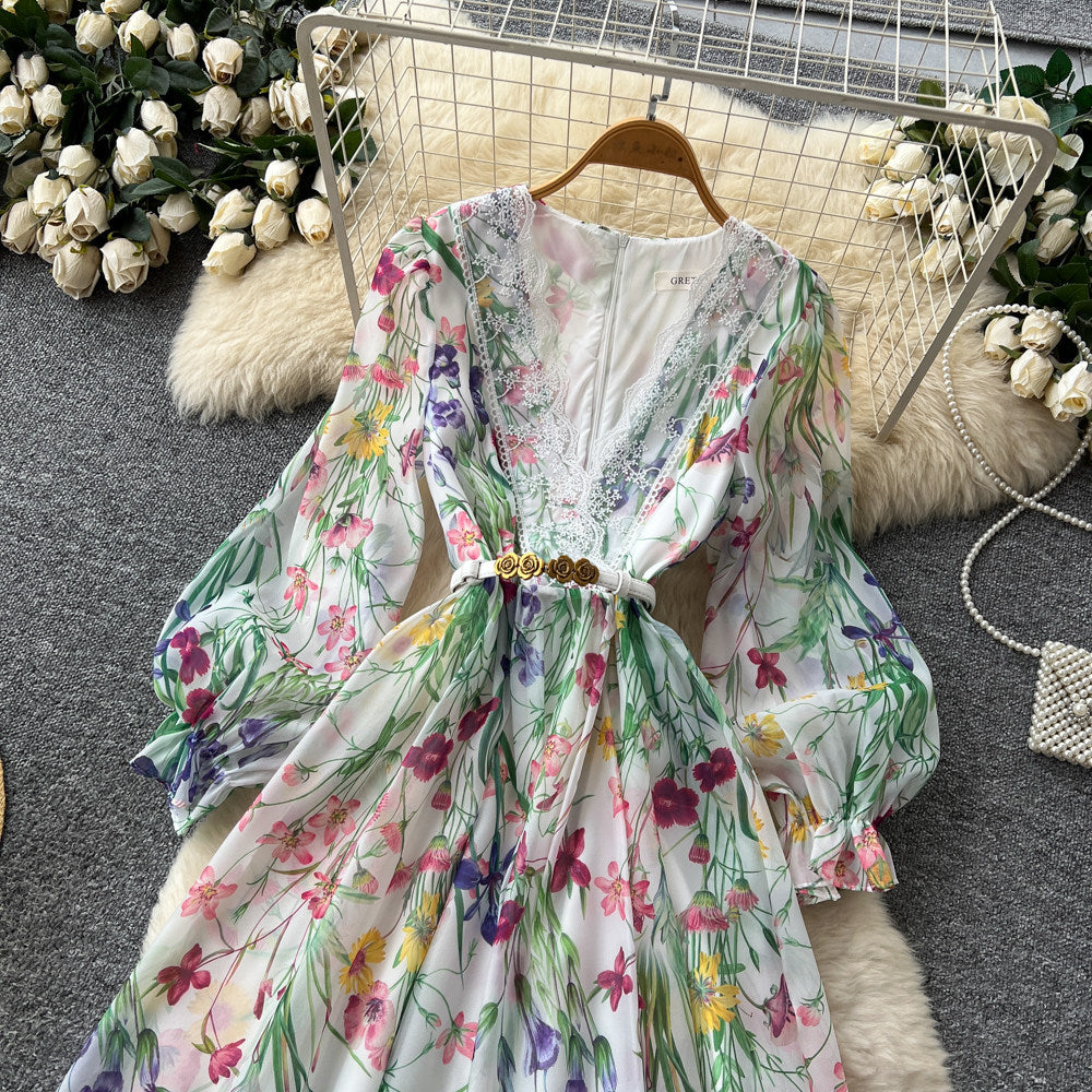 French chic print cutout dress - women's spring/summer v-neck lantern sleeve slimming midi dress