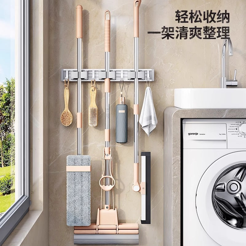 Wall-mounted mop and broom holder, no-drill hook, balcony, bathroom, toilet, snap-on fixed broom storage organizer
