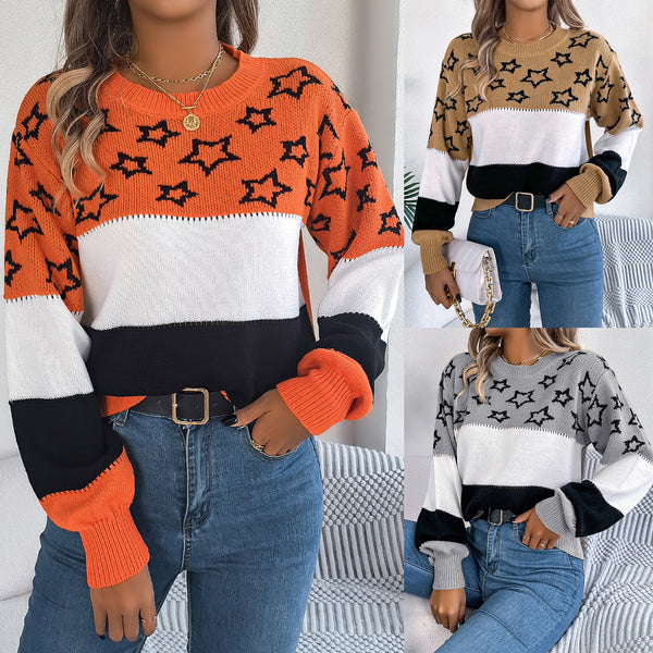 Real shot 2025 autumn and winter casual color matching star hollow lantern sleeve pullover sweater,   women's clothing