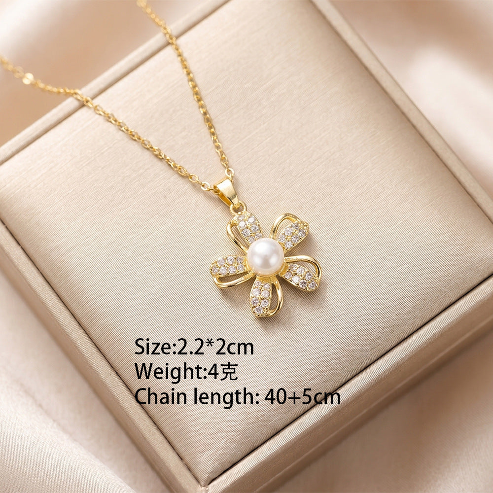 European and american hot-selling fashion zircon pearl necklace for women, lightweight luxury, niche, versatile, elegant, fashionable titanium steel clavicle chain jewelry