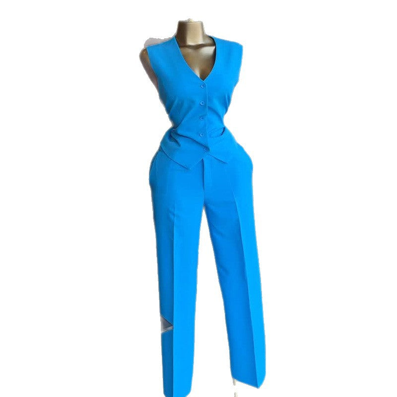 European and american cross-border women's fashion  autumn/winter new collection: stylish v-neck button-down vest top and wide-leg pants casual set