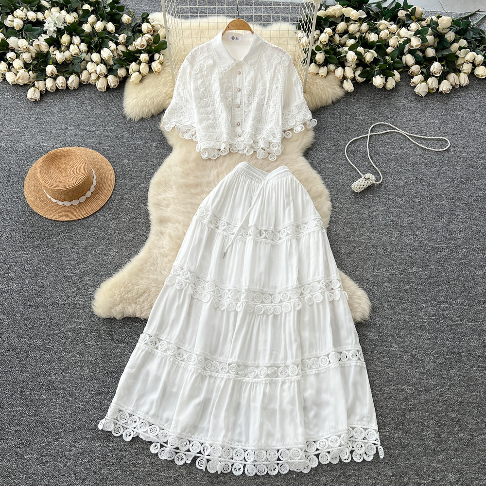 French retro court style two-piece set: women's loose-fit crochet lace patchwork short-sleeve top and high-waisted midi skirt