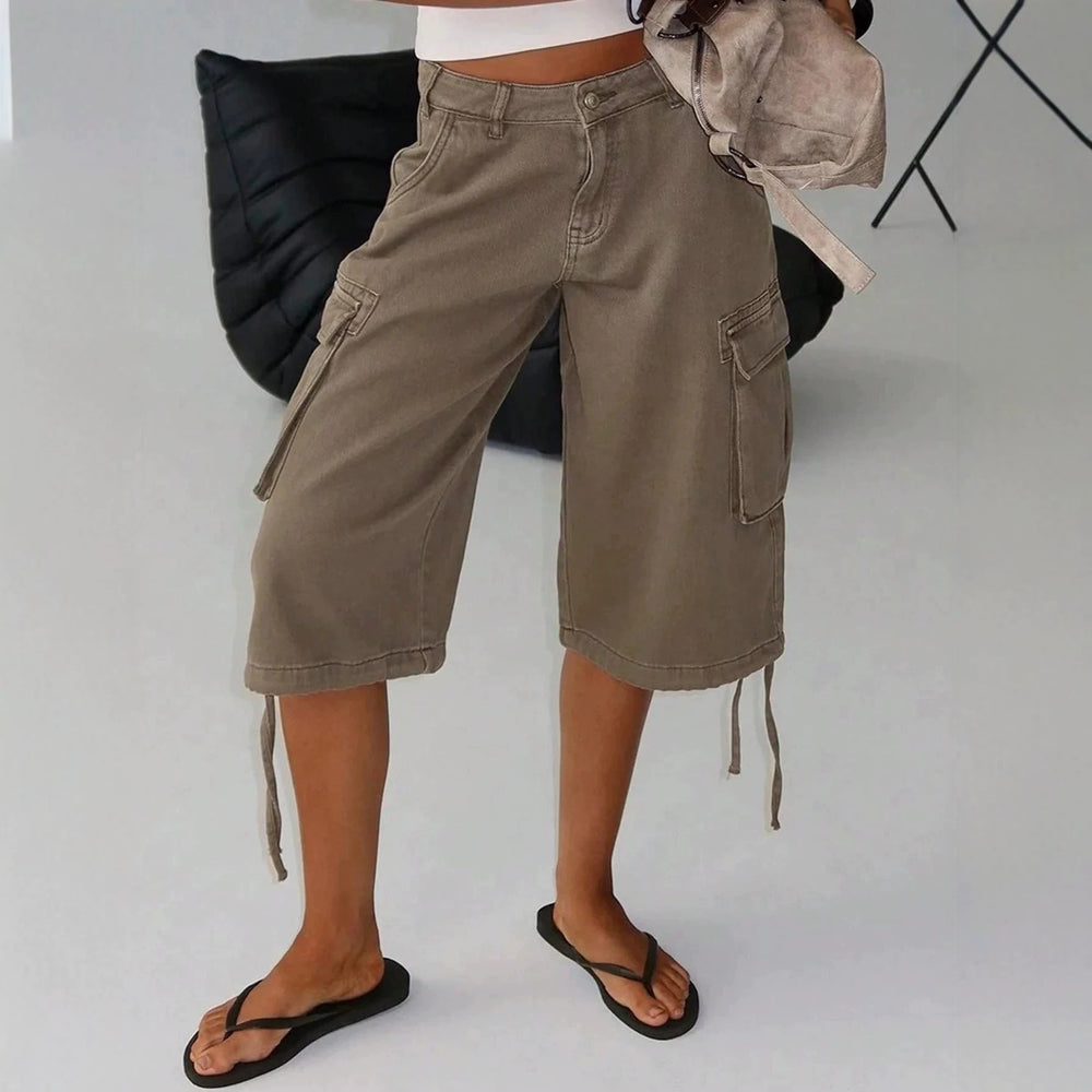 European and american style workwear denim cropped pants - khaki brown, multi-pocket, drawstring, wide leg, vintage washed cropped work pants