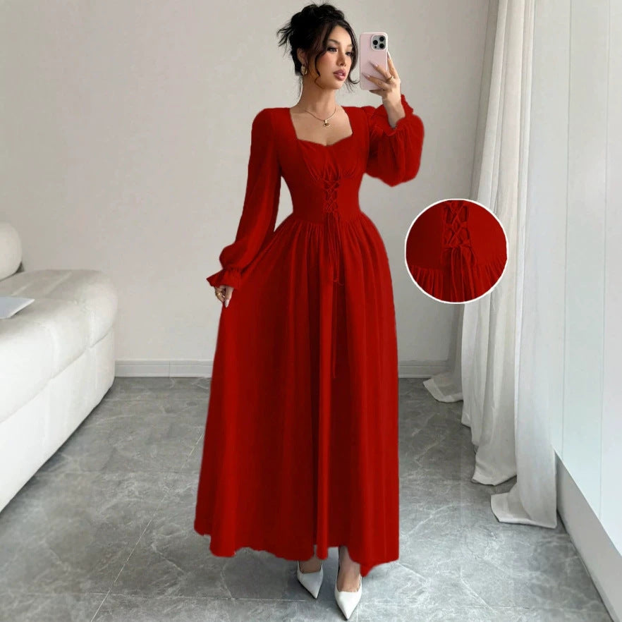 European and american cross-border  new arrival: red square neck bubble sleeve maxi dress with criss-cross tie waist