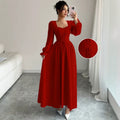 European and american cross-border  new arrival: red square neck bubble sleeve maxi dress with criss-cross tie waist