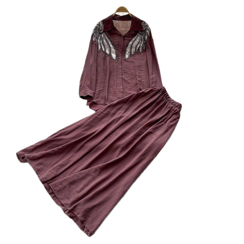 Gentle and lazy style heavy industry embroidered beads sequin lapel shirt skirt two-piece set for women autumslimming lookelegant