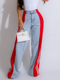new european and american style fashion denim patchwork three-stripe wide-leg jeans casual stretch straight-leg trousers
