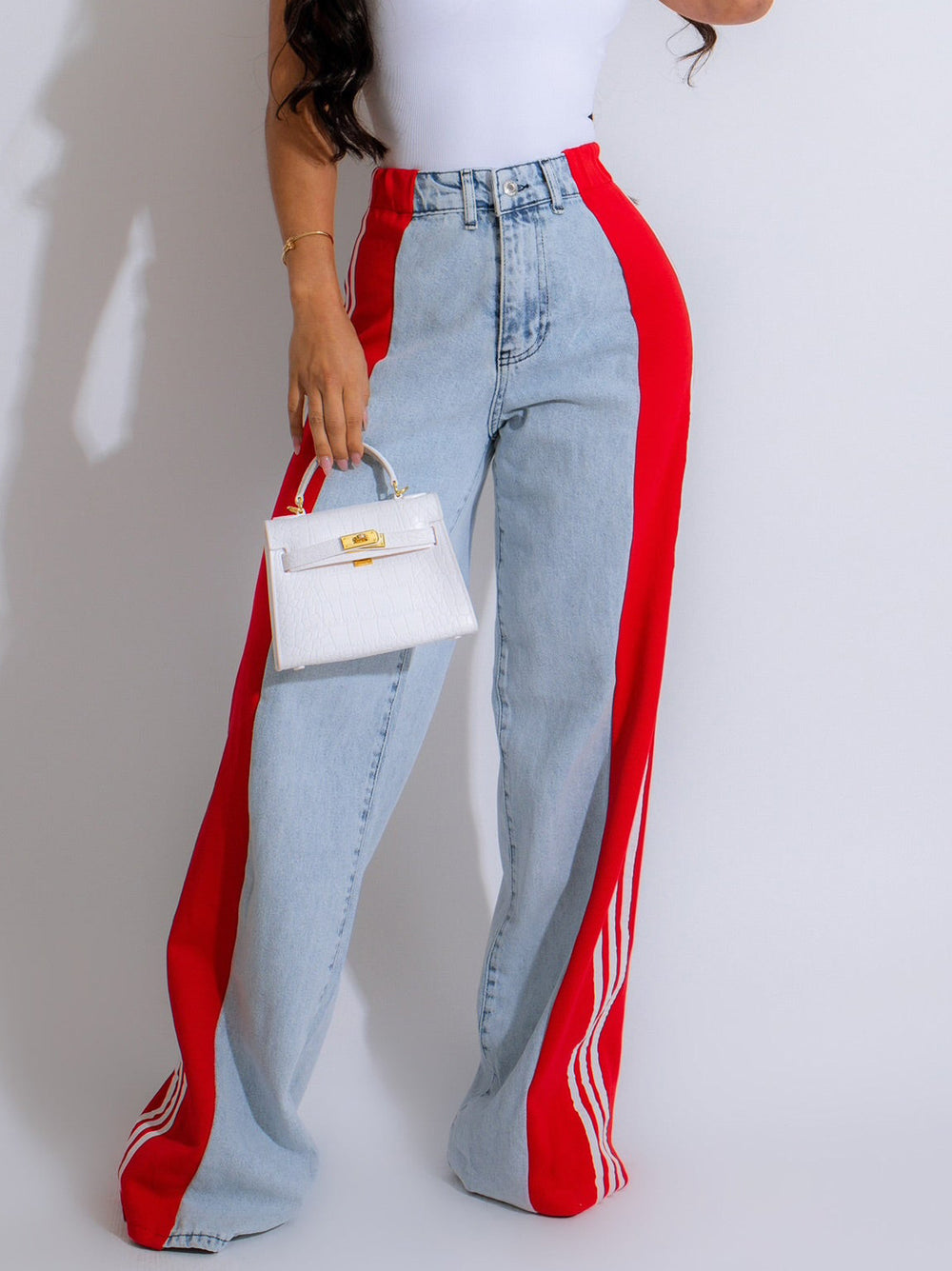 summer fashion patchwork three-stripe wide-leg denim pants - new women's casual high-waisted stretch straight-leg trousers