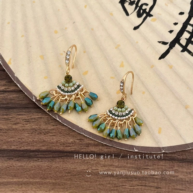 Bohemian green tassel crystal ear cuff earrings - fresh, unique design, perfect for vacation