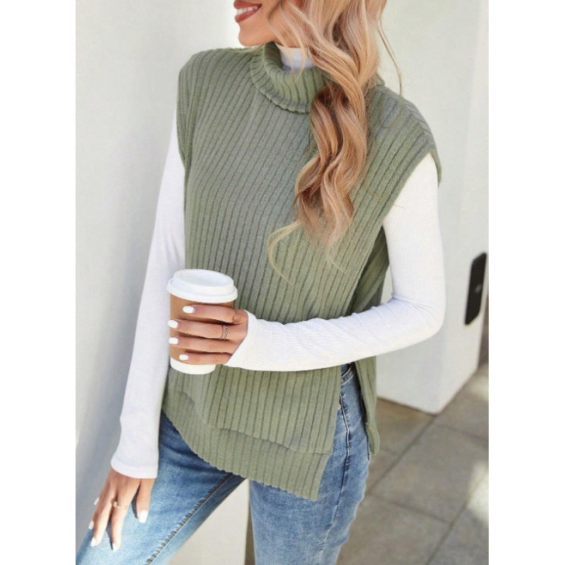 cross-border women's ribbed knit turtleneck vest - sleeveless, asymmetrical hem, casual knit top
