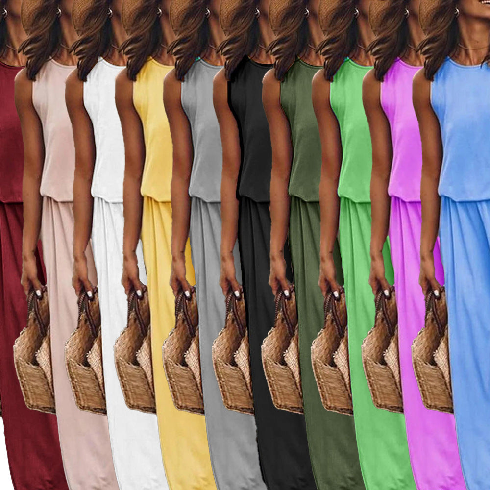 summer new arrivals: cross-border  fashion - european & american style women's sleeveless crew neck dress with slit, available in multiple solid colors