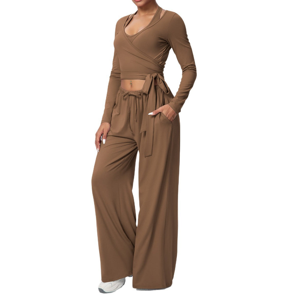 New arrival: solid color double-sided brushed fleece drawstring long-sleeve tank top three-piece set - perfect for sports, running, fitness, and yoga