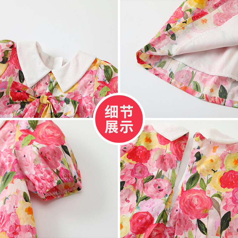 New chinese style children's dress -  summer collection: oil painting rose floral print with bow detail, girls' princess dress
